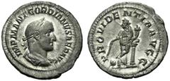 Gordian II (238), Denarius, Rome, March - April AD 238, AR (g 3,32"; mm 21; h 5), IMP M ANT GORDIANVS AFR AVG, laureate, draped and cuirassed bust r., Rv. PROVIDENTIA AVGG, Providentia standing l., le