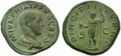 Philip II, as caesar (Philip I, 244-249), Sestertius, Rome, AD 244-246, AE (g 19,52"; mm 31; h 12), M IVL PHILIPPVS CAES, draped bust r., Rv. PRINCIPI I - VVENT, Philip II standing l., holding spear a