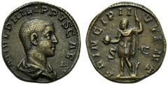 Philip II, as caesar (Philip I, 244-249), As, Rome, AD 244-246, AE (g 10,54"; mm 23; h 1), M IVL PHILIPPVS CAES, draped bust r., Rv. PRINCIPI I - VVENT, Philip II standing l., holding spear and globe;