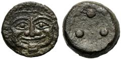 Sicily, Tetras, Himera, c. 430 BC, AE (g 10,74 mm 20 h 9), Gorgoneion, Rv. Three pellets. CNS I, n. 18 SNG Copenhagen 315-316 SNG ANS 181.Rare, green patina with brown shades. Very fine.