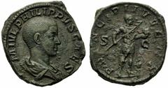 Philip II, as Caesar (Philip I, 244-249), Sestertius, Rome, AD 244-246, AE (g 18,65 mm 29 h 1), M IVL PHILIPPVS CAES, draped bust r., Rv. PRINCIPI IVVENT, Philip II standing r., holding spear and glob