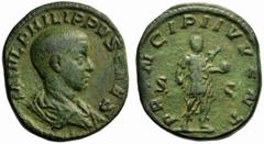 Philip II, as caesar (Philip I, 244-249), Sestertius, Rome, AD 244-246, AE (g 18,67 mm 29 h 1), M IVL PHILIPPVS CAES, draped bust r., Rv. PRINCIPI IVVENT, Philip II standing r., holding spear and glob