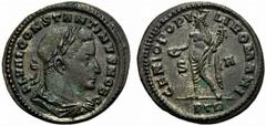 Constantine I, as caesar (306-307), Nummus,Treveri, AD 307, AE (g 7,74 mm 28 h 5), FL VAL CONSTANTINVS NOB C, laureate, draped and cuirassed bust r., Rv. GENIO POPV - LI ROMANI, Genius standing l., ho