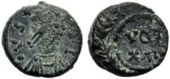 Justinianus I (527-565), Nummus,Carthagine, AD 539-540, AE (g 1,15 mm 8 h 10), IVST [...]I, diademed and drapped bust r., Rv. VOT XIII. DOC 302 Sear 278.Very rare. bb+.
