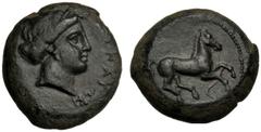 Sicily, Aitna, Tetras, c. 357-344 BC, AE (g 6,43 mm 18 h 9), AITNAIΩN, head of Kore r., wearing wreath of grains and earrings dotted border, Rv. horse galloping r. on exergual line dotted border. CNS 