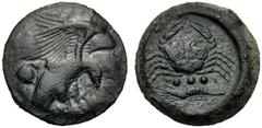 Sicily, Tetras, Akragas, c. 425-406 BC, AE (g 9,88 mm 22 h 4), AKPA, eagle flying r., holding hare with claws at l., crab, Rv. Crab below, three pellets and cryfish l. CNS I, n. 50 SNG Copenhagen - SN