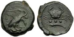 Sicily, Tetras, Akragas, c. 420-406 BC, AE (g 9,99 mm 21 h 2), AKPA, eagle flying r., holding hare with claws, Rv. Crab below, three pellets and cryfish l. CNS I, n. 54 SNG Copenhagen 76 SNG ANS 1040.
