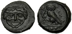 Sicily, Tetras, Kamarina, c. 420-410 BC, AE (g 3,78 mm 15 h 6), Gorgoneion, dotted border, Rv. KAMA, owl standing l., holding lizard with claw in ex. three pellets. CNS III, n. 26 SNG Copenhagen 168 S