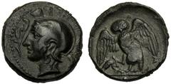 Sicily, Tetras, Kamarina, c. 420-405 BC, AE (g 3,15 mm 15 h 6), Head of Athena l., wearing Attic helmet at l., olive spring. Dotted border, Rv. KAMA, owl standing facing, slightly l., holding lizard i