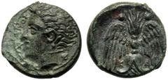 Sicily, Tetras, Katane, c. 405-402 BC, AE (g 2,19 mm 13 h 11), Head of river-god l. with horn and floating hair at r., ivy-leaf, at l., AMENANOΣ, linear border, Rv. K-A, winged thunderbolt around, thr