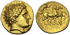 Kings of Macedonia, Philip II, 359-336 and posthumous issues, Stater, Lampsakos, c. 323-315 BC, AV (g 8,58 mm 18 h 3), Laureate head of Apollo r., Rv. ΦIΛIΠΠOY, charioteer driving fast biga r. below, 