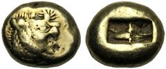 Kings of Lydia, temp. Alyattes - Kroisos, Trite - Third of Stater, Sardes, c. 620-539 BC, EL (g 4,71 mm 12 h -), Forepart of lion r., with open mouth above, sun, Rv. Two incuse square punches. SNG von