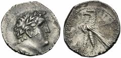 Judaea, Tetradrachm, c. 120-30 BC, AR (g 14,20 mm 28 h 1), Laureate bust of Melquart r. around border of dots, Rv. TYPOY IEPAΣ KAI AΣYΛOY, eagle standing l. on prow at l. club, behind palm-tree. Hendi
