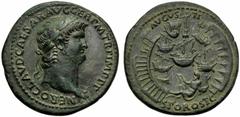 Nero (54-68), Sestertius, Rome, c. AD 64; AE (g 23,24; mm 34; 5); NERO CLAVD CAESAR AVG GER P M TR P IMP P P, laureate bust r., wearingaegis, Rv. AVGVSTI / S POR OST C, bird’s-eye view of the harbour 