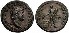 Nero (54-68), As, Lugdunum, AD 64-67; AE (g 11,30; mm 30; h 6); IMP NERO CAESAR AVG P MAX TR P PP, bare head r., globe at point of bust, Rv. GENIO - AVGVSTI, Genius standing l., holding patera and cor