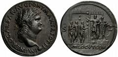 Nero (54-68), Sestertius, Lugdunum, AD 66; AE (g 29,20; mm 36; h 7); IMP NERO CAESAR AVG PONT MAX TR POT P P, laureate head r., globe at point of bust, Rv. Nero standing l. on low platform with praeto