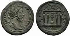 Marcus Aurelius (161-180), Sestertius, Rome, AD 172-173, AE (g 23,60 mm 34 h 11), M ANTONINVS - AVG TR P XXVII, laureate bust r., drapery on l. shoulder, Rv. IMP VI - COS III, Mercury standing l. on p