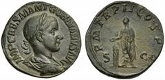 Gordian III (238-244), Sestertius, Rome, AD 240, AE (g 19,31 mm 30 h 1), IMP CAES M ANT GORDIANVS AVG, laureate, draped and cuirassed bust r., Rv. P M TR P II COS P P, Gordian sacrificing out of pater