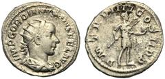 Gordian III (238-244), Antoninianus, Rome, AD 241-243 AR (g 3,96 mm 23 h 12) IMP GORDIANVS PIVS FEL AVG, radiate, draped and cuirassed bust r., Rv. P M TR P IIII COS II P P, Gordian, in military dress