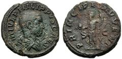 Philip II, as caesar (Philip I, 244-249), As, Rome, AD 244-246 AE (g 9,12 mm 25 h 12) M IVL PHILIPPVS CAES, bare head, draped bust r., Rv. PRINCIPI IVVENT, Philip II standing l., holding spear and glo
