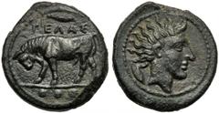 Sicily, Tetras, Gela, c. 420-407 BC AE (g 3,34 mm 16 h 1) ΓEΛAΣ, bull butting l. above, grain in ex., three pellets. Linear border, Rv. Head of river god r. at l., grain. Linear border. CNS III, n. 28