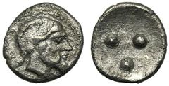 Sicily, Trionkion or Tetras, Himera, c. 425-410 BC AR (g 0,20 mm 6 h -) Male bearded head r., with animal's ear and long, curved horn reaching the neck. Rev. Three pellets. SNG Copenhagen - SNG ANS - 
