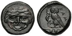 Sicily, Tetras, Kamarina, c. 420-405 BC AE (g 2,93 mm 14 h 4) Gorgoneion, dotted border, Rv. KAMA, owl standing l., holding lizard with claw in ex. three pellets. CNS III, n. 26 SNG Copenhagen 168 SNG