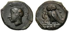 Sicily, Tetras, Kamarina, c. 420-405 BC AE (g 3,21 mm 14 h 11) Head of Athena l., wearing attic helmet, decorated with a wing, Rv. KAMA, owl standing l., holding lizard in ex. three pellets. CNS III, 