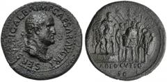 Galba (68-69), Sestertius, Rome, c. December AD 68 AE (g 24,40 mm 32 h 6) SER SVLPI GALBA IMP CAESAR AVG TR P, laureate and draped bust r., Rv. Galba, in military dress, standing r. on podium, accompa