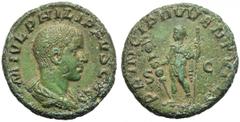 Philip II, as Caesar (Philip I, 244-249), Dupondius or As, Rome, AD 244-246 AE (g 9,74 mm 24 h 6) M IVL PHILIPPVS CAES, draped bust r., Rv. PRINCIPI IVVENTVTIS, Philip II standing l., holding spear an