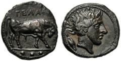 Sicily, Tetras, Gela, c. 420-405 BC; AE (g 3,66; mm 16; h 3); Bull advancing r.; below, three pellets, Rv. Head of river-god r.; at l., grain. CNS III, n. 18.Green patina, tooled and smoothed, extrem