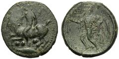 Sicily, Tetras, Himera, c. 420 BC; AE (g 2,01; mm 16; h 12); Nude youth riding goat l., blowing conch shell, below three pellets and grain of wheat, Rv. [IMEPAION], Nike l. with aphalston. CNS I, n. 3