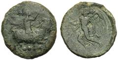 Sicily, Tetras, Himera, c. 420-407 BC; AE (g 2,06; mm 16; h 12); Younth riding goat r., holding sceptre; below three pellets and grain, Rv. Flying Nike l., holding wreath. CNS I, n. 32.Green patina. 