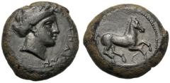 Sicily, Aitna, Tetras, c. 357-344 BC, Ae (g 6,43 mm 18 h 9), AITNAIΩN, head of Kore r., wearing wreath of grains and earrings dotted border, Rv. horse galloping r. on exergual line dotted border. CNS 