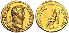 Nerone (54-68), Aureo, Roma, c. 64-65 d.C. Au 7,35 g NERO CAESAR AVGVSTVS Laureate head r. Rev. IVPPITER CVSTOS Jupiter seated l. on throne, holding thunderbolt and long sceptre.Good very fine.Calic