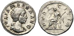 Julia Maesa (Elagabalo, 218-222), Denario, Roma, c. 218-222 d.C. IVLIA MAESA AVG, draped bust r., Rv. PVDI - CITIA, Pudicitia seated l., raising veil and holding sceptre. RIC 268 C 36.IVLIA MAESA AVG