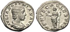 Julia Soemia (Elagabalo, 218-222), Denario, Roma, 218-222 d.C. Ag (g 2,63 IVLIA SOAEMIAS AVG, draped bust r., Rv. VENVS CAELESTIS, Venus, diademed, standing l., holding apple and sceptre in field l., 