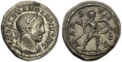 Alejandro Severo (222-235), Denario, Roma, 222-235 d.C. Ag (g 3,72 IMP ALEXANDER PIVS AVG, laureate and draped bust r., Rv. MAR - S - VLTOR, Mars advancing r., holding spear and shield. RIC 246 C 161.