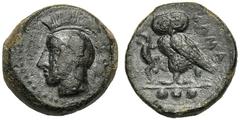 Sicily, Tetras, Kamarina, c. 420-410 BC; AE (g 3,73; mm 15; h3); Head of Athena l., wearing crested Corinthian helmet, decorated with a wing, Rv. KAMA, owl standing l., holding lizard with claws; in e