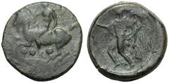 Sicily, Tetras, Himera, c. 420 BC; AE (g 2,80; mm 15; h 3); Nude youth riding goat l., blowing conch shell, below three pellets, Rv. [IMEPAION], Nike l. with aphalston. CNS I, n. 31.Rare, very fine.
