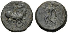 Sicily, Tetras, Himera, c. 420 BC; AE (g 1,94; mm 14; h 2); Nude youth riding goat r., blowing conch shell, below three pellets, Rv. [IMEPAION], Nike l. with aphalston. CNS I, n. 32.Rare, very fine.