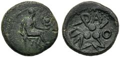 Sicily, Tetras, Lipara, c. 412-408 BC; AE (g 2,43; mm 14; h 1); Hephaistos seated r., holding hammer and kantharos; linear border, Rv. ?I?APAION, three pellets. CNS I, n. 21; SNG Copenhagen 1090; SNG 