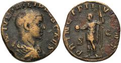 Philip II, as caesar (Philip I, 244-249), Sestertius, Rome, AD 244-246; AE (g 13,38; mm 28; h 12); M IVL PHILIPPVS CAES, bare head, draped bust r., Rv. PRINCIPI I - VVENT, Philip II standing l., holdi