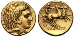 Apulia, Stater, Tarentum, c. 276-272 BC AV (g 8,55 mm 17 h 12) Head of Herakles r., wearing lion-skin, Rv. TAPANTINΩN, oecist driving fast biga r., holding trident above, NIKAP. Vlasto 28 (these dies)