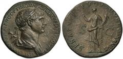 Trajan (98-117), Sestertius, Rome, AD 114-117 AE (24,98 mm 34 h 7) IMP C[AES] NER TRAIANO OPTIMO AVG GER DAC [P M TR P COS] VI P P, laureate and draped bust r., Rv. SENATV[S PO]PVLVSQVE ROMANVS, Felic