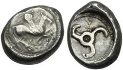 Lycia, Uncertain Dinasts, Stater, c. 440-400 BC; AR (g 9,80; mm 18; h 9); Pegaso flying r.; below, monogr., Rv. Triskeles; above, monogr. SNG von Aulock 4090.Good very fine.
