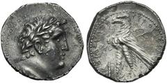 Judaea, Tetradrachm, c. 120-30 BC; AR (g 14,20; mm 28; h 1); Laureate bust of Melquart r.; around border of dots, Rv. TYPOY IEPAΣ KAI AΣYΛOY, eagle standing l. on prow; at l. club, behind palm-tree. H
