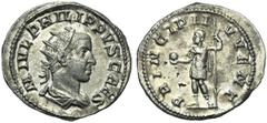 Philip II, as caesar (Philip I, 244-249), Antoninianus, Rome, AD 244-246; ; M IVL PHILIPPVS CAES, radiate, draped and cuirassed bust r., Rv. PRINCIPI I - VVENT, Philip II, in military dress, standing 