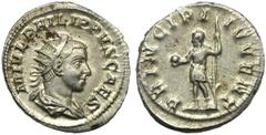 Philip II, as caesar (Philip I, 244-249), Antoninianus, Rome, AD 244-246; AR (g 3,94; mm 23; h 12); M IVL PHILIPPVS CAES, radiate, draped and cuirassed bust r., Rv. PRINCIPI - IVVENT, Philip II standi