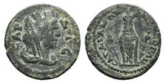 Lydia, Sardis. Pseudo-autonomous issues, early 3rd century AD. Æ (19mm, 2.89g, 6h). Turreted and veiled bust of Tyche r. R/ Cult statue of Kore facing; grain ear to l., poppy to r. SNG Copenhagen 513;